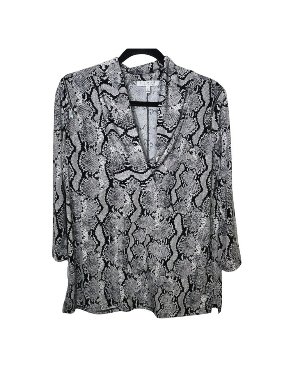 Chaus Womens Snake Print Top Medium Gray Black V Neck